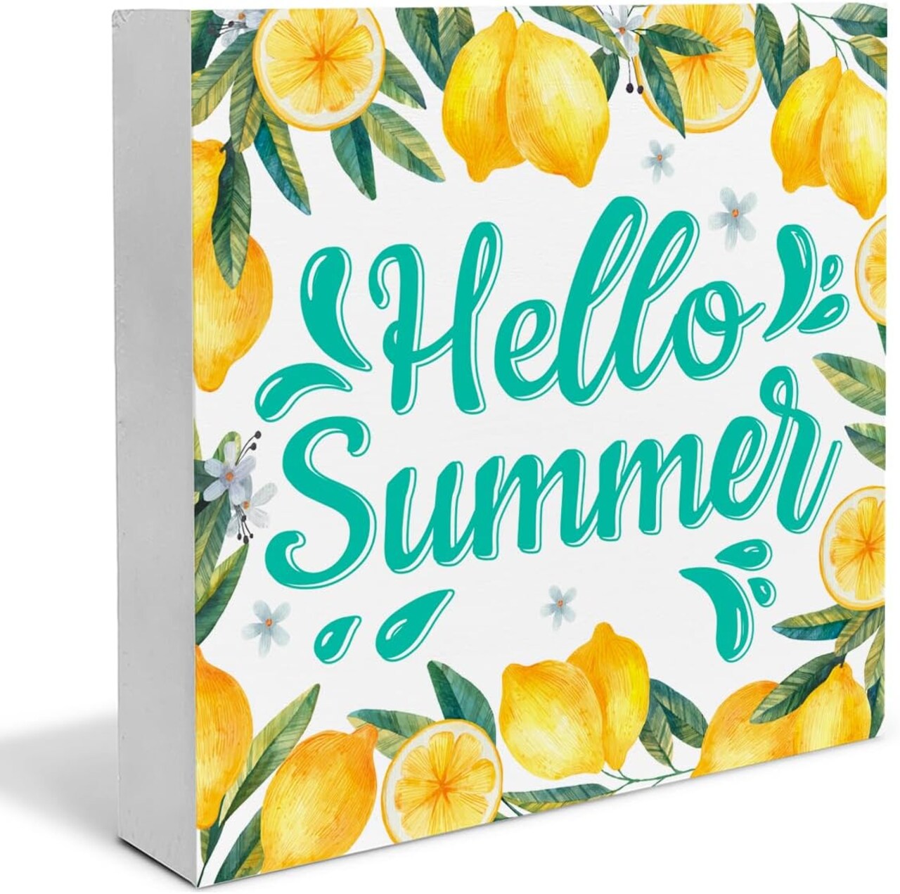 Hello Summer Lemon Wood Block Sign, 5 x 5 Inches – Cheerful Summer Décor for Home, Kitchen, and Table Displays